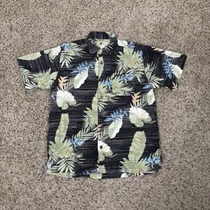 Joe Marlin Shirt Mens Lg Black Aloha Hawaiian Tropical Button Front Cotton Blend